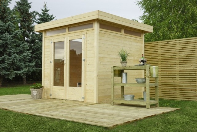 Holz Gartenhaus-Flachdachhaus Konstruktion stabil Fitis Doppeltür aus Echtglas