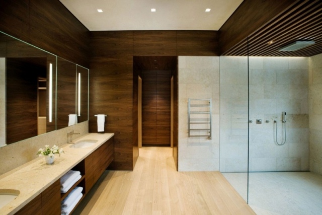 Holz-Wand Design Ideen-Badezimmer Dusche Heizkörper-beleuchtung downlights