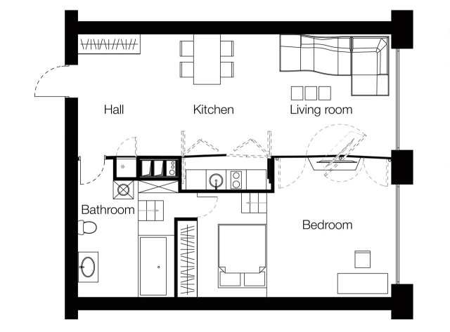 Kleine Wohnung-Raumgestaltung Innendesign wohnbereiche Vlad Mishin grundriss