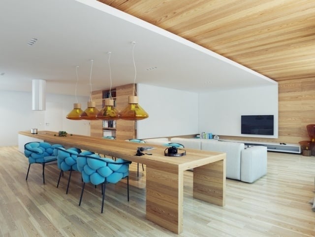 Modernes-Appartement-Holzverkleidete-Wände-Design-Stühle-Blau-Polster-weich