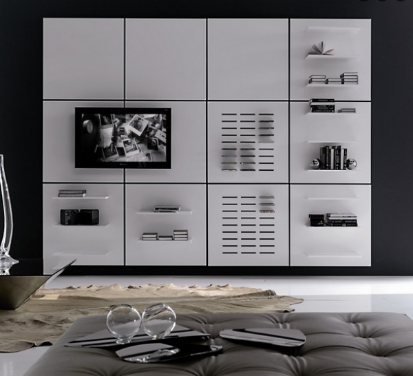 Mosaico-modulare-Wohnwand-quadratische-Elemente-Spiegelglas-oder-weiß-lackiert-Tv-Möbel