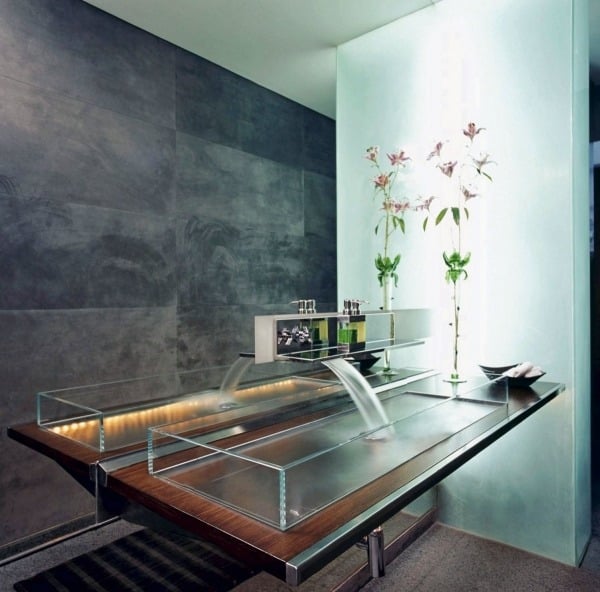 modernes Rechteckiges Waschbecken-Tisch holz-Glaswände Studioart Wasserfall effekt