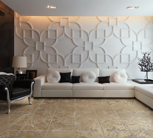 Weiß-Sofa-Set-Wohnzimmer-Wand-Dekorative-Platten-Fliesen-Boden-Keramik-floral-gemustert