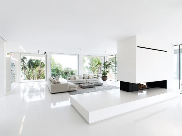Weißer Innenraum Kaminofen Sitzmöbel-Polstersofa Zimmerpflanzen
