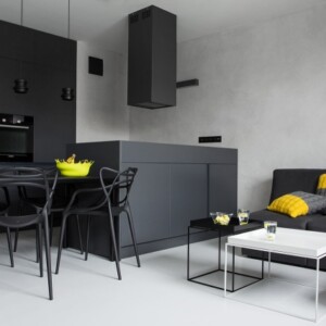 Wohndesign sitzlandschaft-schwarz weiß-kaffeetisch rechteckiges design grifflose-fronten