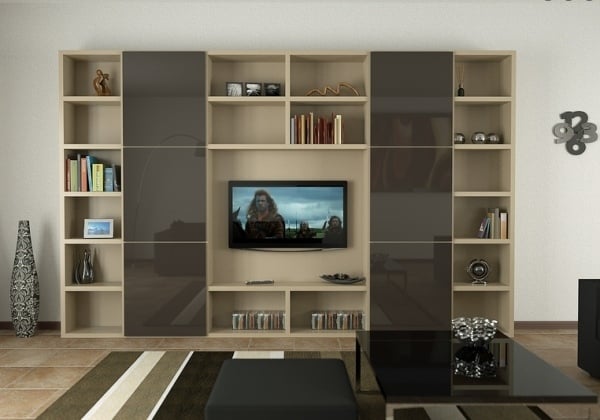 Wohnwand-Bücherregal-Wandplatte-Fernsehermöbel-Glänzente-Schranktüren
