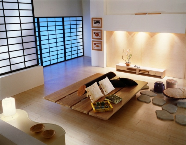 Wohnzimmer Wohnideen japanischer Stil niedrige Holz Tisch Möbel