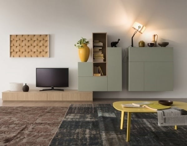 Wohnzimmer-gelber-Tisch-Wohnwand-mit-Highboard-Hängeschränke-TV-Möbel-Basis-Schubladen
