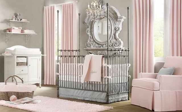 babyzimmer möbel mädchen rosa grau metall babybett