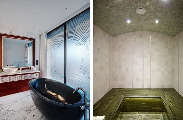 badezimmer design sauna schwarze badewanne marmor bodenfliesen