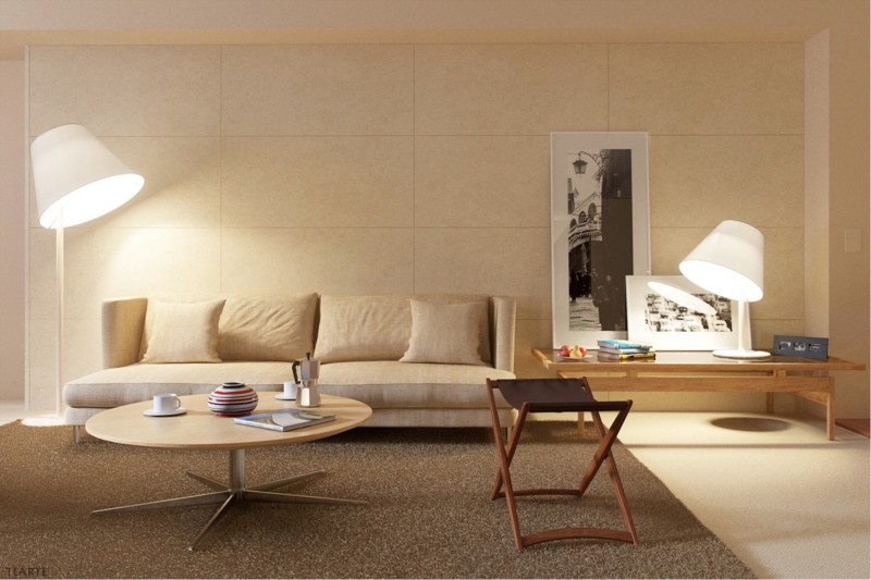 beleuchtungsideen stehlampe beige interieur couch klappstuhl
