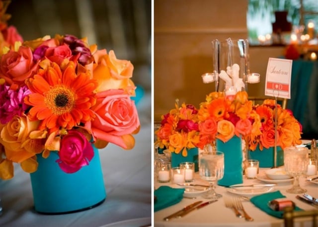  Tischdeko Ideen Rosen orange Gerbera wunderschöner eklektischer Strauß