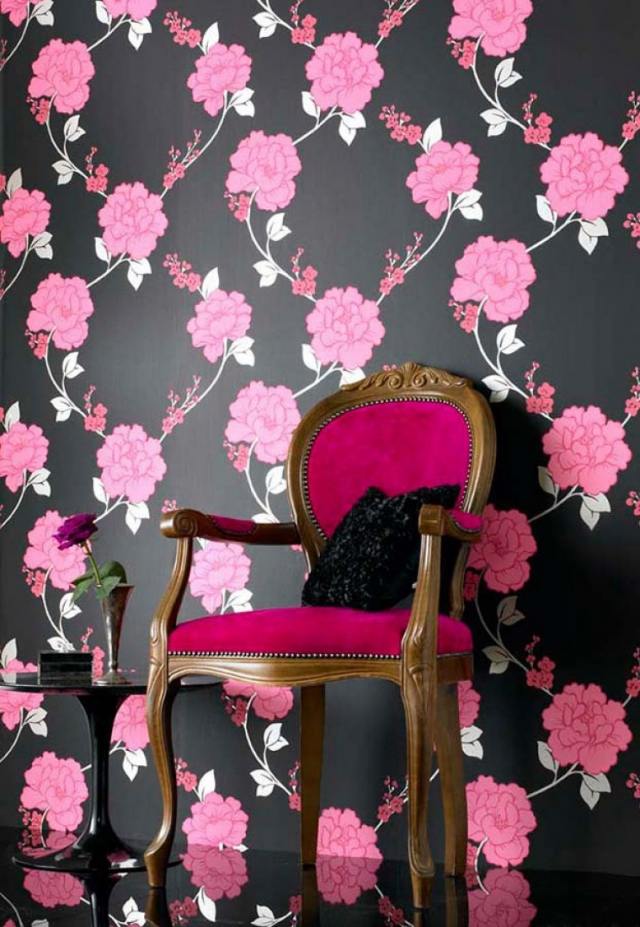 blumen tapeten schwarz pink rosen wohnzimmer idee midas