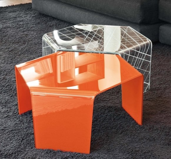 design couchtische hexagonal form glas orange modern