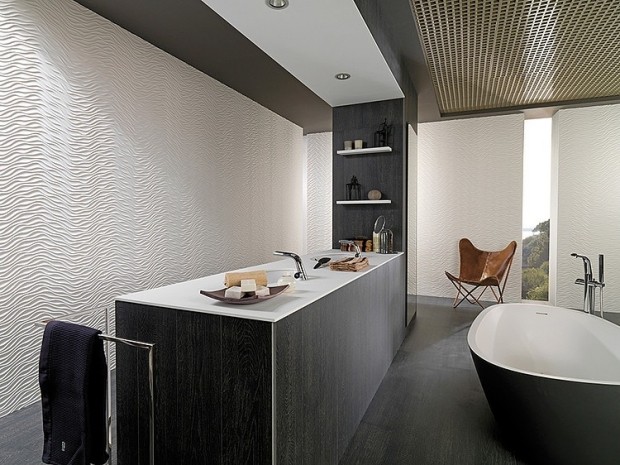 design-bad-schwarz-weiß-badewanne-zentraler-waschbeckentisch-unterschrank