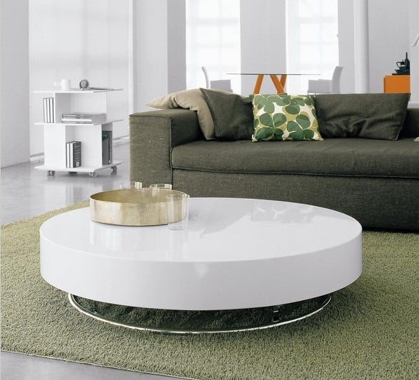 design couchtisch rund hochglanz weiß olivengrün sofa