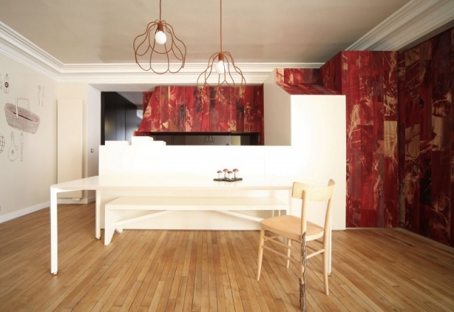 designer-küche wanddeko rot-effekte architektenhaus holzboden