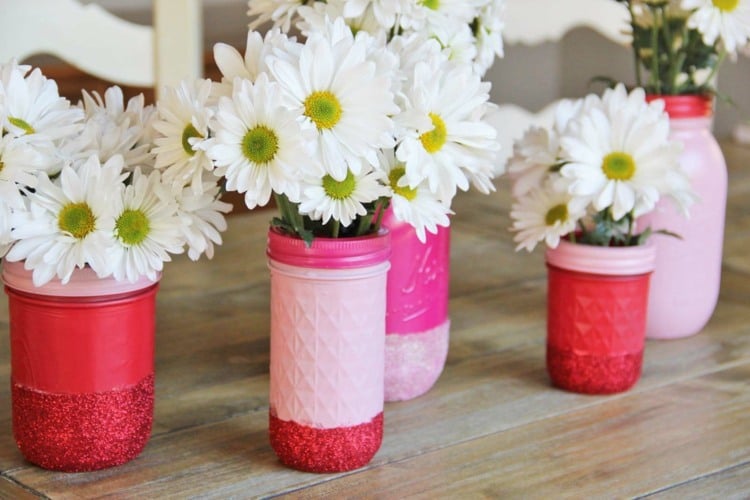einweckgläser dekorieren pink nuancen glitzer marghariten vase idee