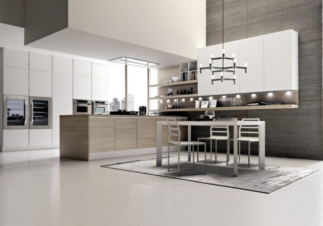 küche holz nachbildungen-mit kochinsel-kronleuchter metall-rahmen design-modern