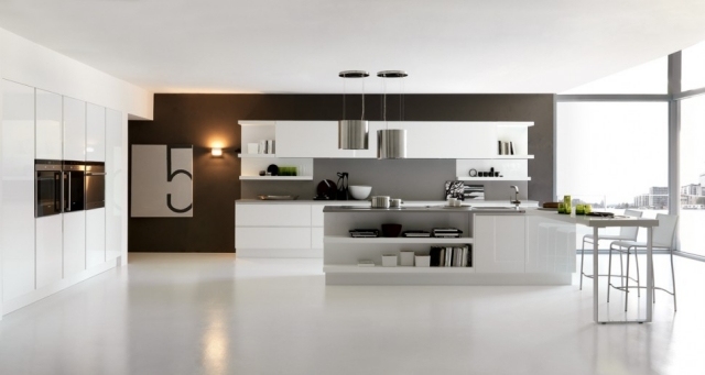 moderne küchen weiß eingebaute elektrogeräte-boden glanz lack finish-kochinsel-regale