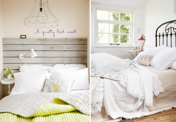 Ideen für Betten-kopfteil Holz-Metall weiße Bettwäsche-Dekokissen