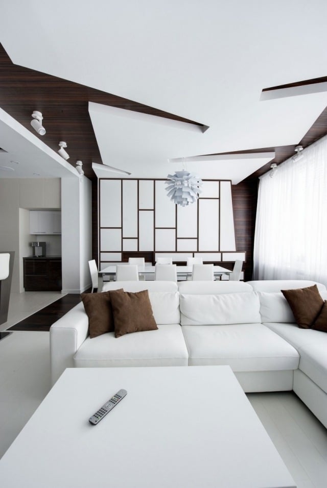  deckengestaltung wohnzimmer paneele weiß geometrisch