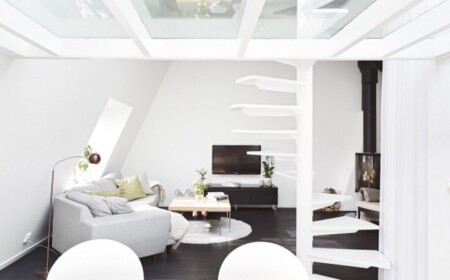 loft-wohnung-modern-design-schwarz-weiß-kontraste-eindrucksvoll-vorleger