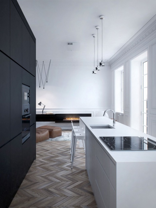 küche schlichtes design weiß-schwarz Parkettboden skandinavisch-kamin