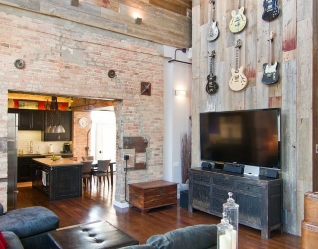 moderne Loft Wohnung Gitarren Holz Platten Wandverkleidung Gitarre Kollektion