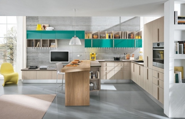 einbauküche massivholz kücheninsel modernes design-bunte regale-offen
