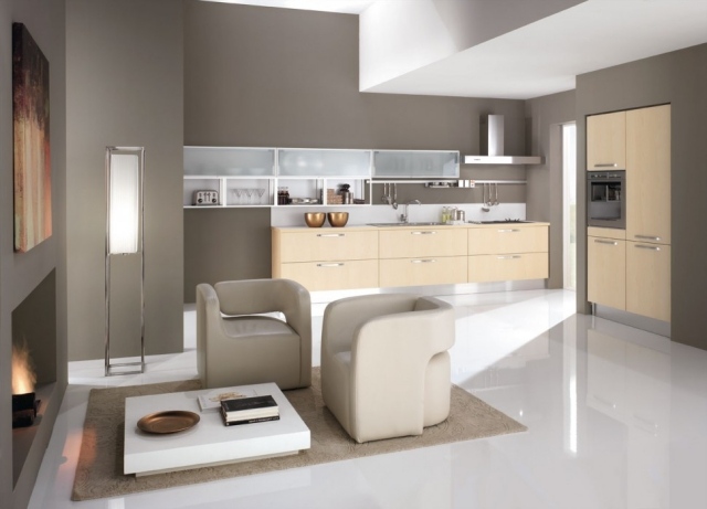 moderne einbauküche designer einrichtung wohnzimmer möbel kaminoffen sessel