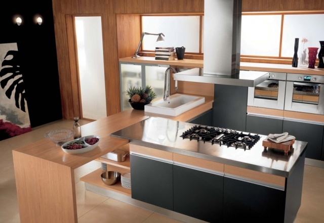 moderne küche-oberflächen holz nachbildungen kunststoff edelstahl-theke gas-kochfelder