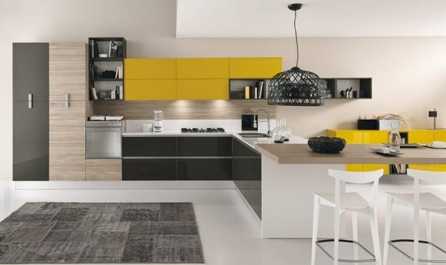 modernes küchensystem gelbe oberschränke-hochglänzende schranktüren