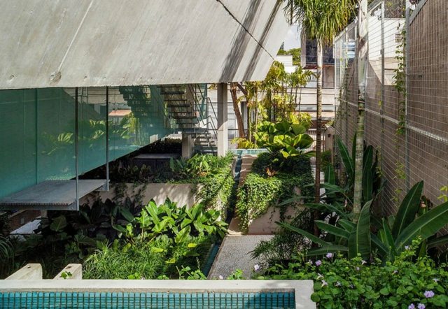 moderne minimalistische Architektur immergrüne Pflanzen Pool Garten