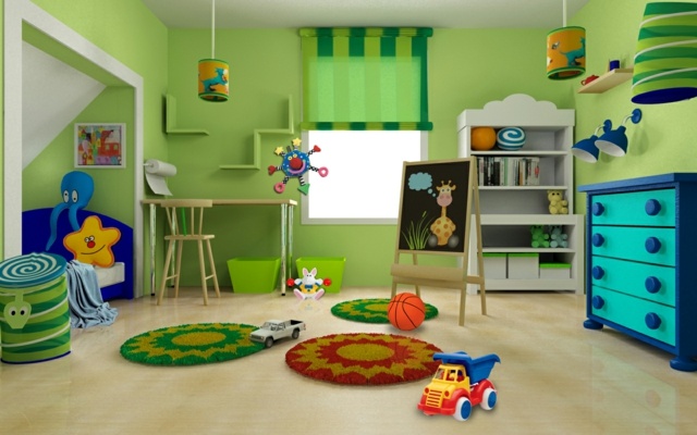Kinderzimmer Spielecke gestalten grasgrüne Wandfarbe Kommode Rundteppich