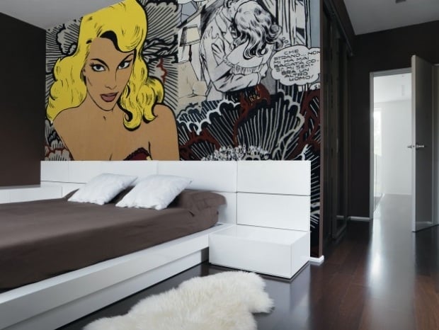 pop-art innenarchitektur schlafzimmer-dekoration großformatige grafiken vinyltapete