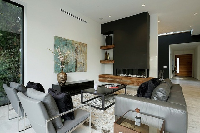 Wohnzimmer Wandregal graue Ledermöbel Stühle Sofa Design