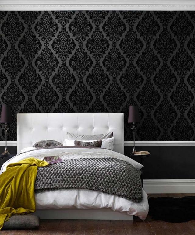 schlafzimmer tapeten schwarz barock muster eshara