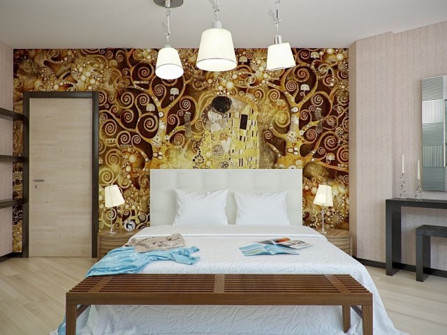 schlafzimmer-wanddeko-kunstvoll-fototapete-gold-braun