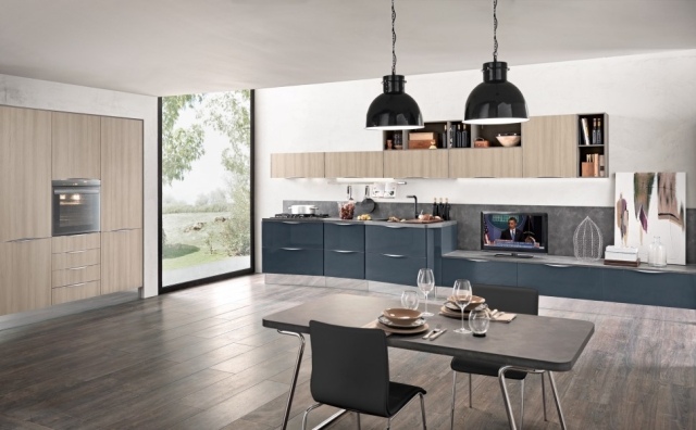 wohnküche modernes design holz küchenmöbel-pendelleuchte einbau-kühlschrank