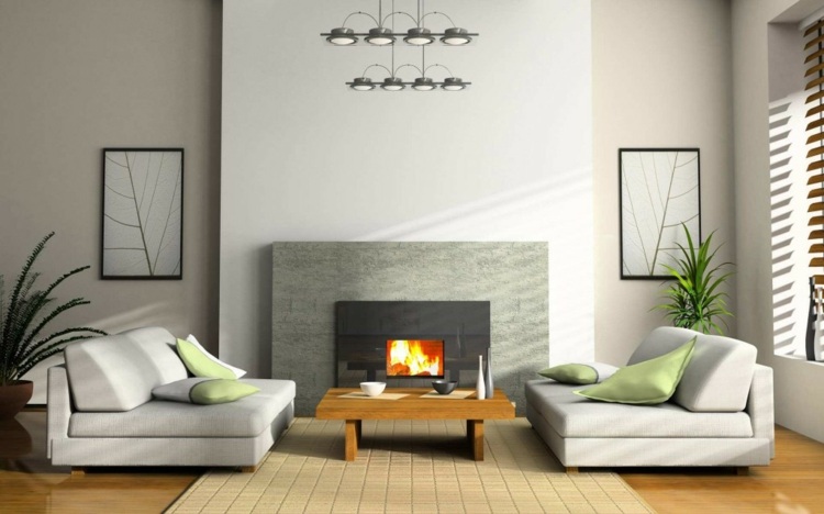 wohnzimmer mit kamin minimalistisch couch weiss holz couchtisch