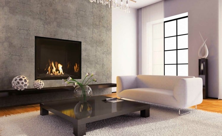 wohnzimmer mit kamin modern design beton wand weiss couch
