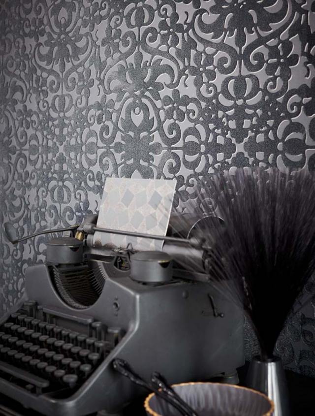 wohnzimmer tapete florale muster textur grau schwarz juventas