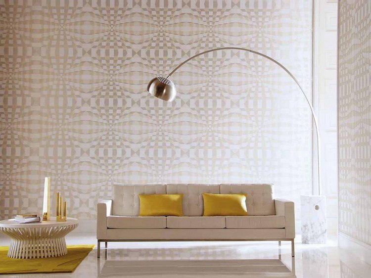 Wohnzimmer Tapeten Ideen creme-geometrische-muster-illusion