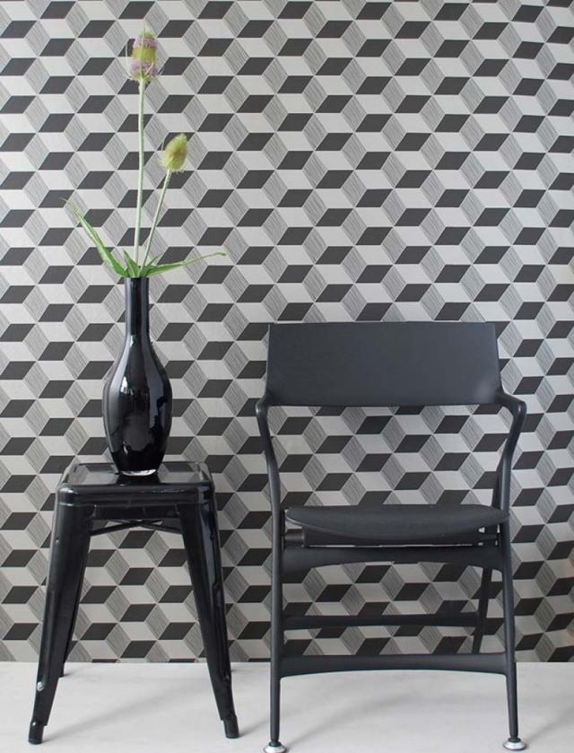 wohnzimmer tapeten design geometrisch muster kuben grau squares