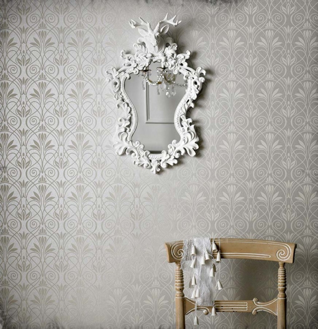 wohnzimmer tapeten schlicht glänzend grau floral muster lakshmi