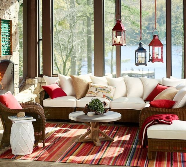 terrasse-möbliert teppichboden sofa-set geflochten hängende laternen