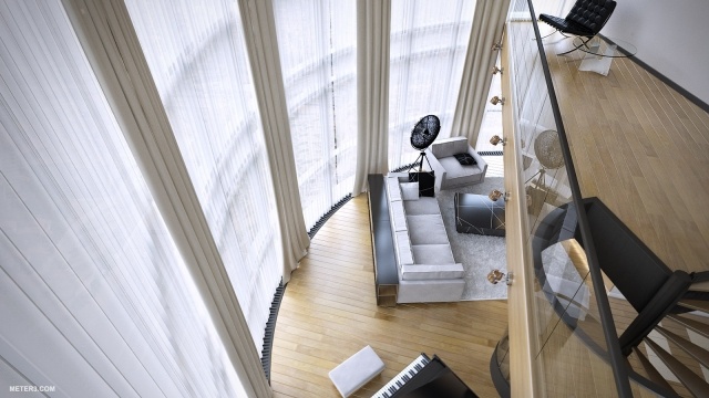 3d-visualisierte-innenarchitektur-maisonette-penthouse-bodenlange-Vorhänge
