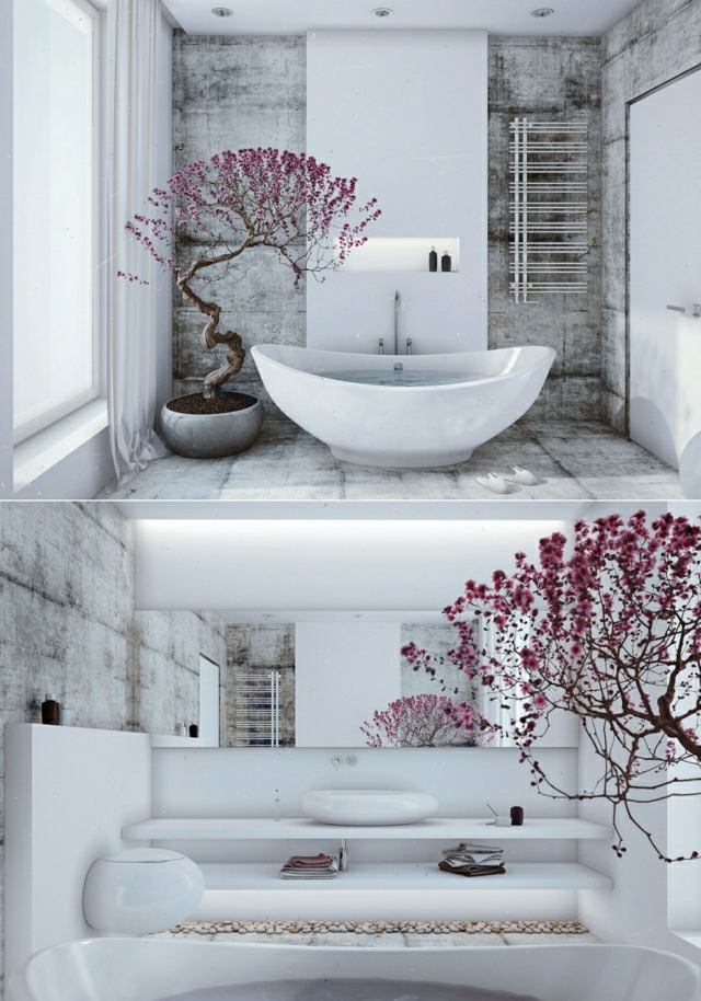 Stil weiße freistehende Badewanne Bonsai Baum Flusssteine Deko Idee