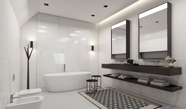 Badezimmer-rein-weiß-badewanne-freistehend-schwarze-Badmöbel-3d-visualisiert